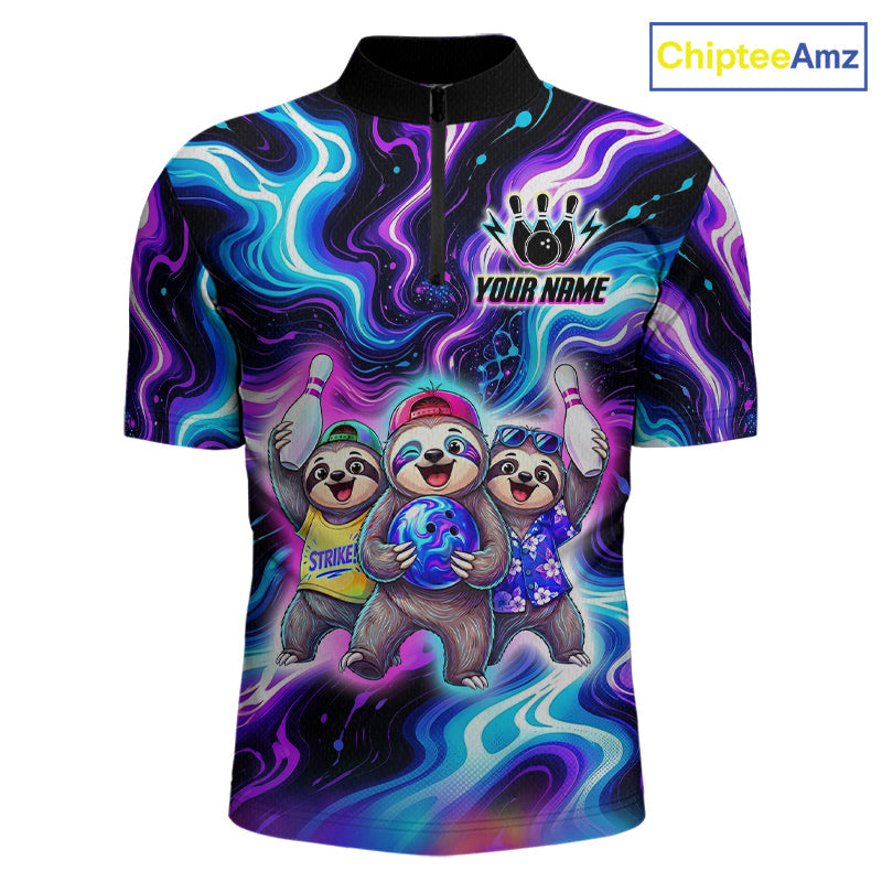 Custom Funny Sloth Bowling Jersey Purple Blue Neon Bowling Team Shirts Bowling League