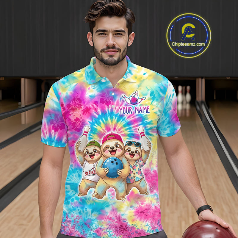 Custom Funny Sloth Bowling Jersey Tropical Tie-Dye Bowling Team Shirts Bowling League