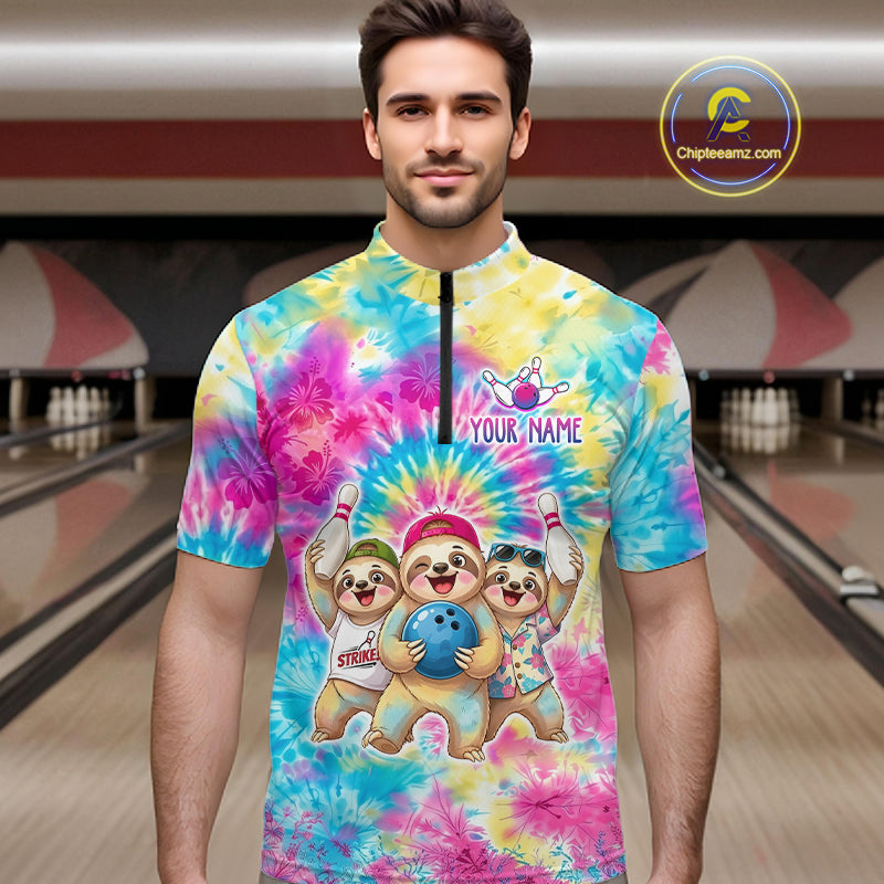 Custom Funny Sloth Bowling Jersey Tropical Tie-Dye Bowling Team Shirts Bowling League