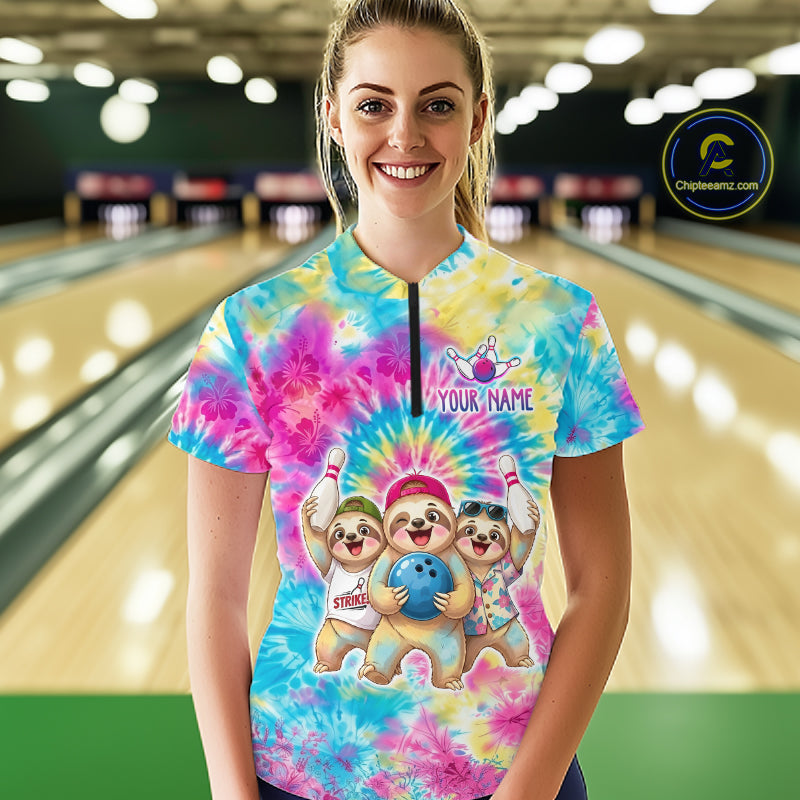 Custom Funny Sloth Bowling Jersey Tropical Tie-Dye Bowling Team Shirts Bowling League