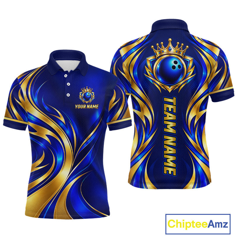 Custom Blue And Gold Crown Bowling Shirts, Bowling Team Jersey Bowling Tournament
