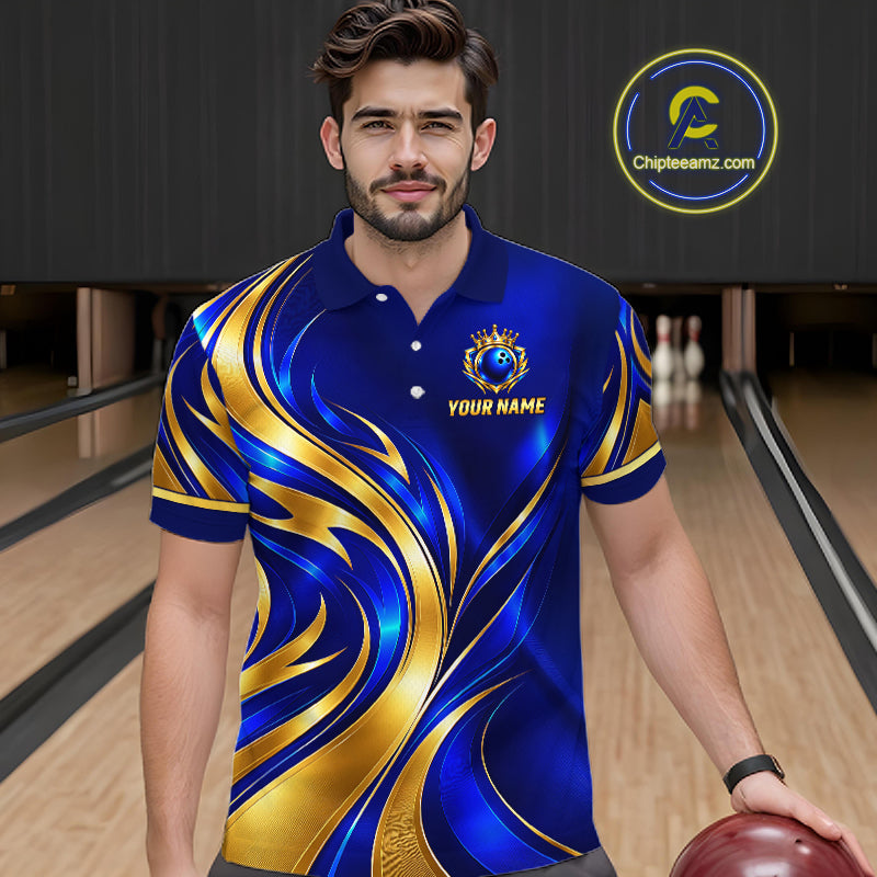 Custom Blue And Gold Crown Bowling Shirts, Bowling Team Jersey Bowling Tournament