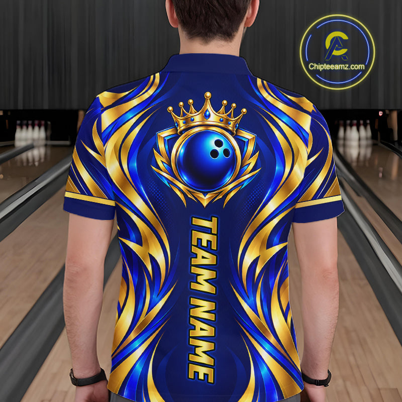 Custom Blue And Gold Crown Bowling Shirts, Bowling Team Jersey Bowling Tournament