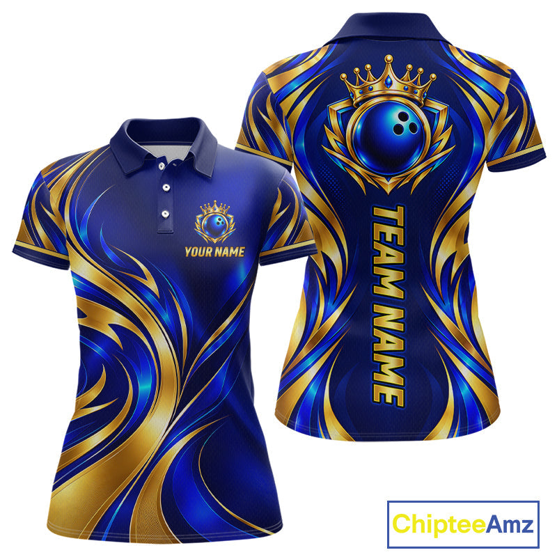 Custom Blue And Gold Crown Bowling Shirts, Bowling Team Jersey Bowling Tournament