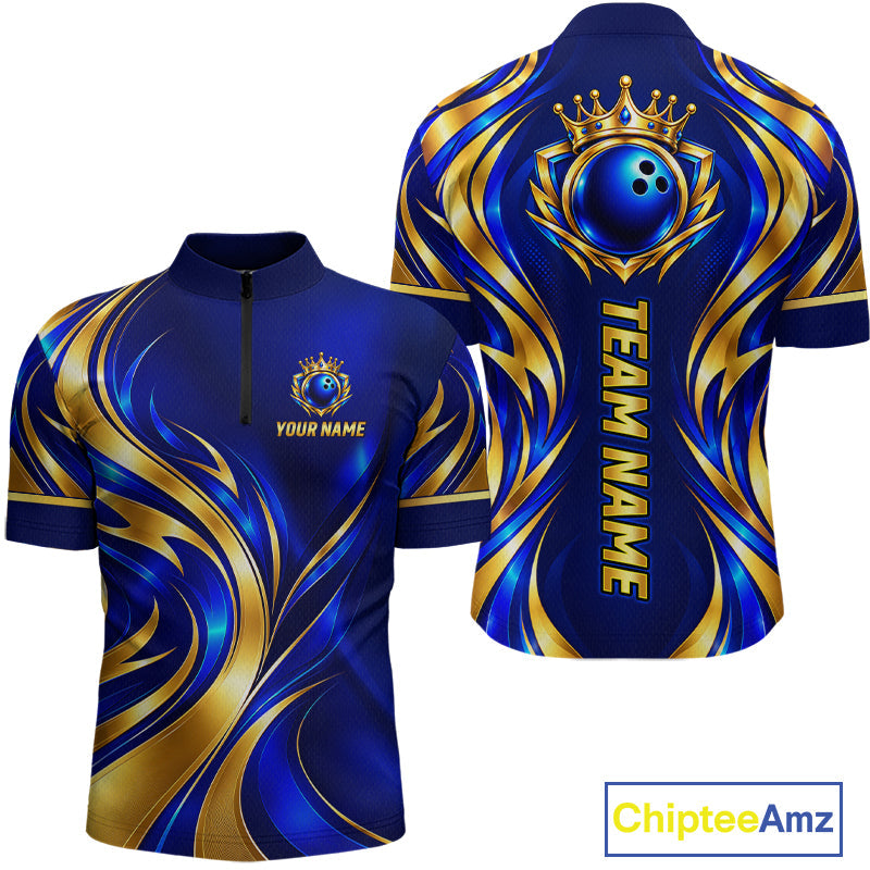 Custom Blue And Gold Crown Bowling Shirts, Bowling Team Jersey Bowling Tournament