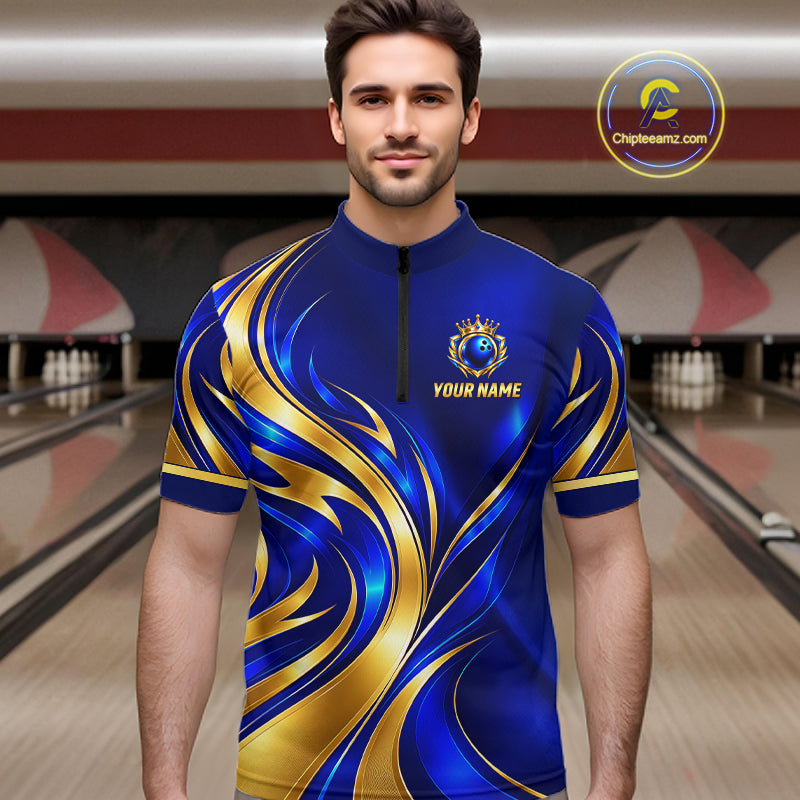 Custom Blue And Gold Crown Bowling Shirts, Bowling Team Jersey Bowling Tournament