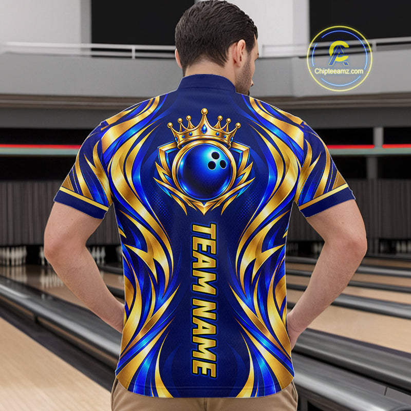 Custom Blue And Gold Crown Bowling Shirts, Bowling Team Jersey Bowling Tournament