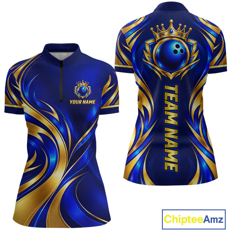 Custom Blue And Gold Crown Bowling Shirts, Bowling Team Jersey Bowling Tournament
