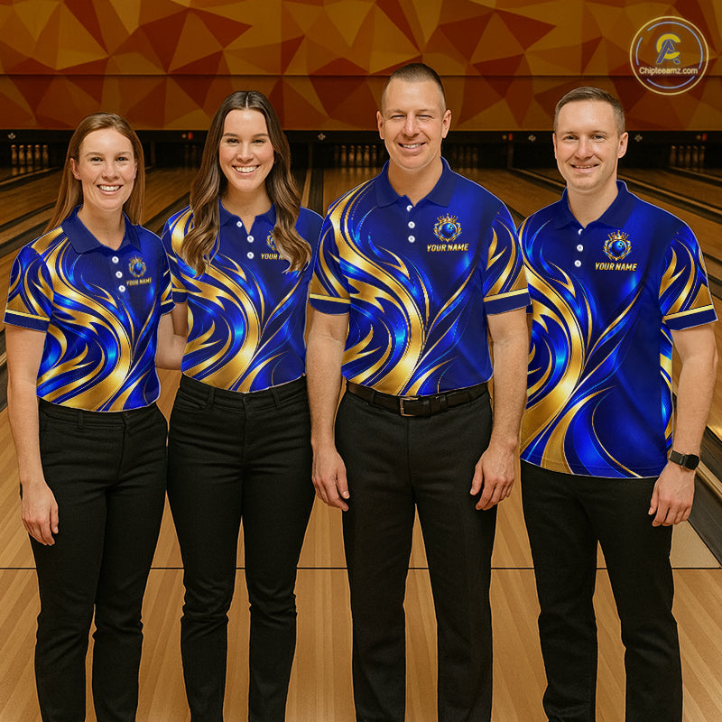 Custom Blue And Gold Crown Bowling Shirts, Bowling Team Jersey Bowling Tournament