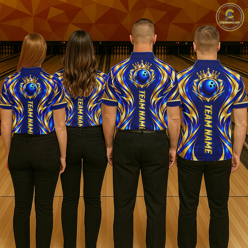 Custom Blue And Gold Crown Bowling Shirts, Bowling Team Jersey Bowling Tournament