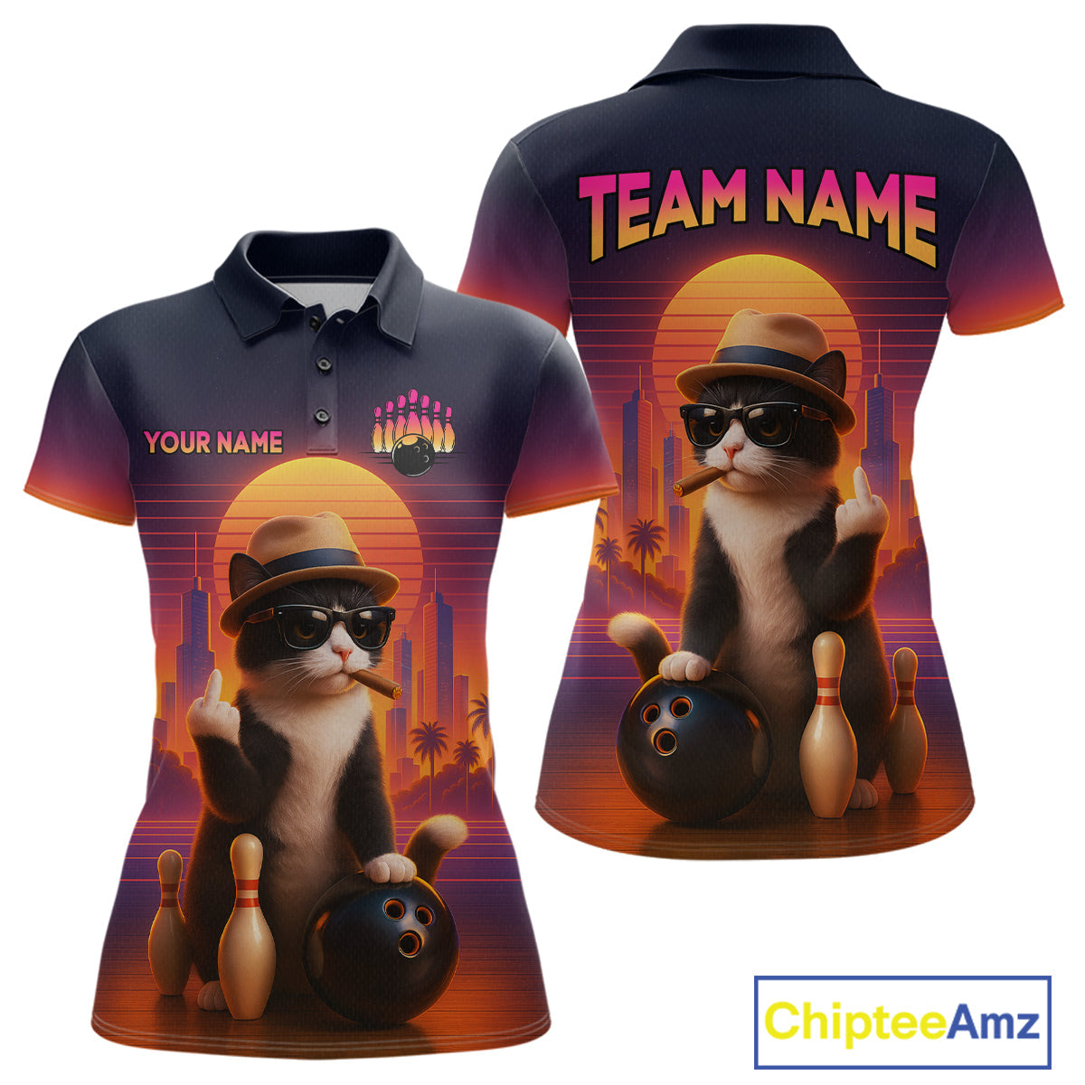 Funny Cat Retro Sunset Custom Bowling Jersey Bowling Team Shirts Polo & 1/4 Zip