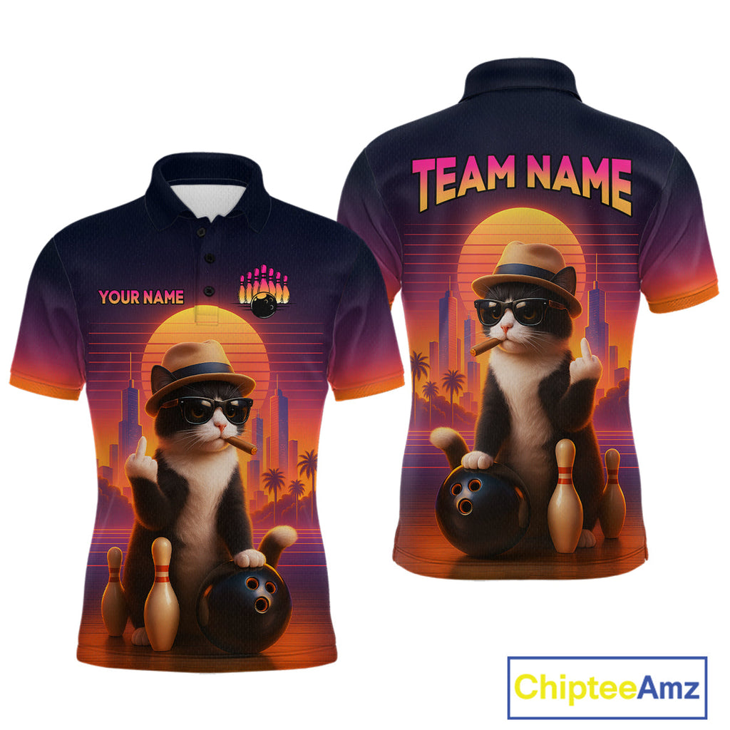 Funny Cat Retro Sunset Custom Bowling Jersey Bowling Team Shirts Polo & 1/4 Zip