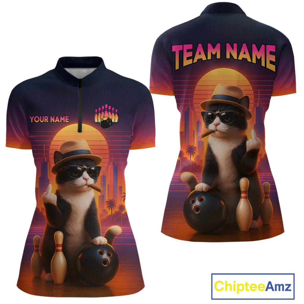 Funny Cat Retro Sunset Custom Bowling Jersey Bowling Team Shirts Polo & 1/4 Zip
