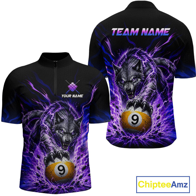 Custom Purple Thunder Wolf 9 Ball Billiard Shirts Billiard Team Polo & 1/4 Zip