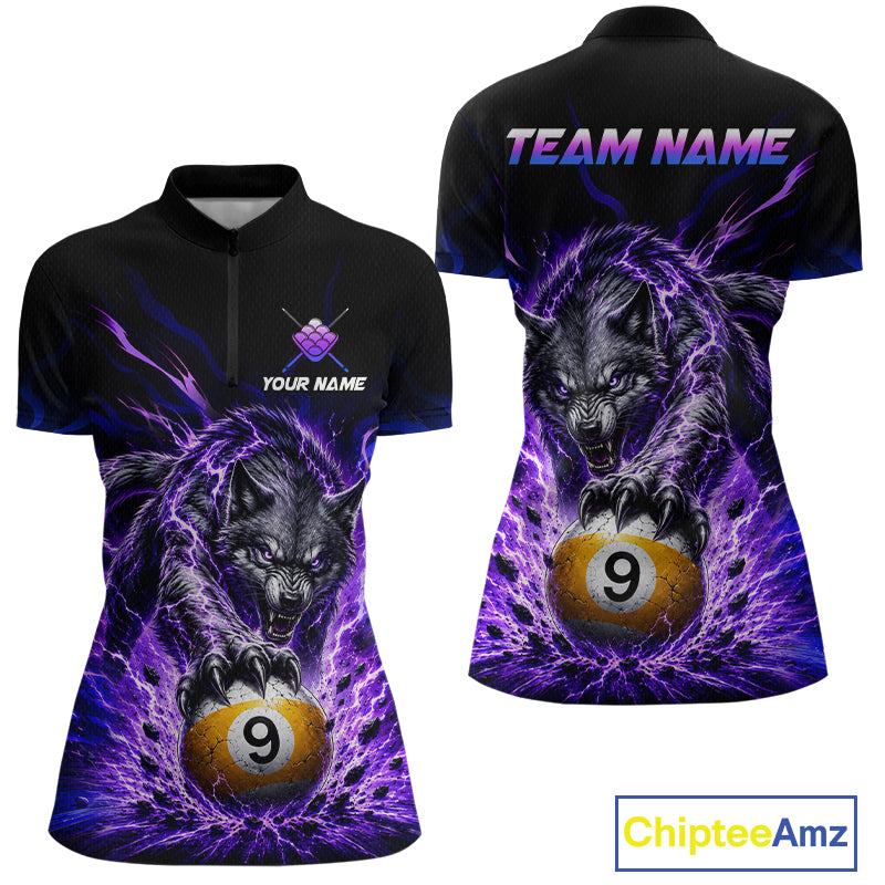 Custom Purple Thunder Wolf 9 Ball Billiard Shirts Billiard Team Polo & 1/4 Zip