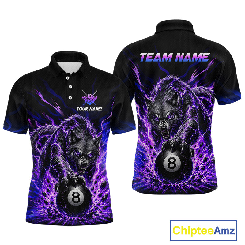 Purple Thunder Wolf 8 Ball Custom Billiard Shirts Billiard Team Polo & 1/4 Zip