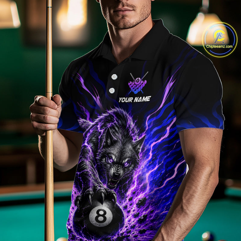 Purple Thunder Wolf 8 Ball Custom Billiard Shirts Billiard Team Polo & 1/4 Zip