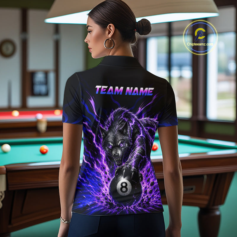 Purple Thunder Wolf 8 Ball Custom Billiard Shirts Billiard Team Polo & 1/4 Zip