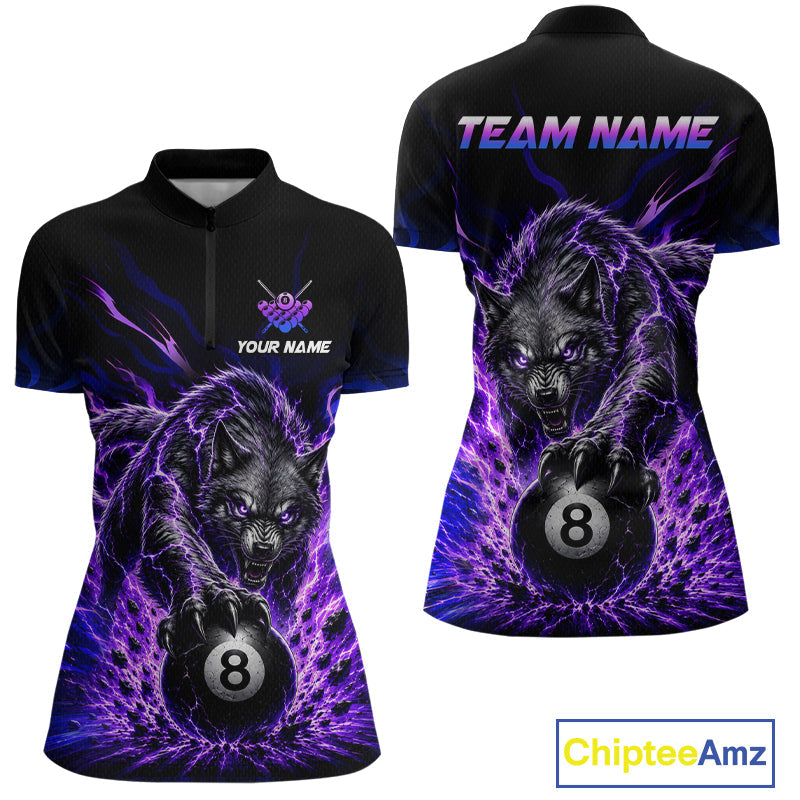 Purple Thunder Wolf 8 Ball Custom Billiard Shirts Billiard Team Polo & 1/4 Zip