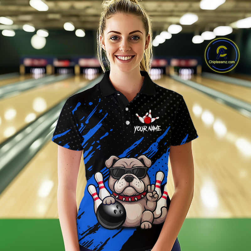 Custom Blue Funny Bulldog Bowling Jersey Bowling Uniform Polo & 1/4 Zip Bowling Team Shirts