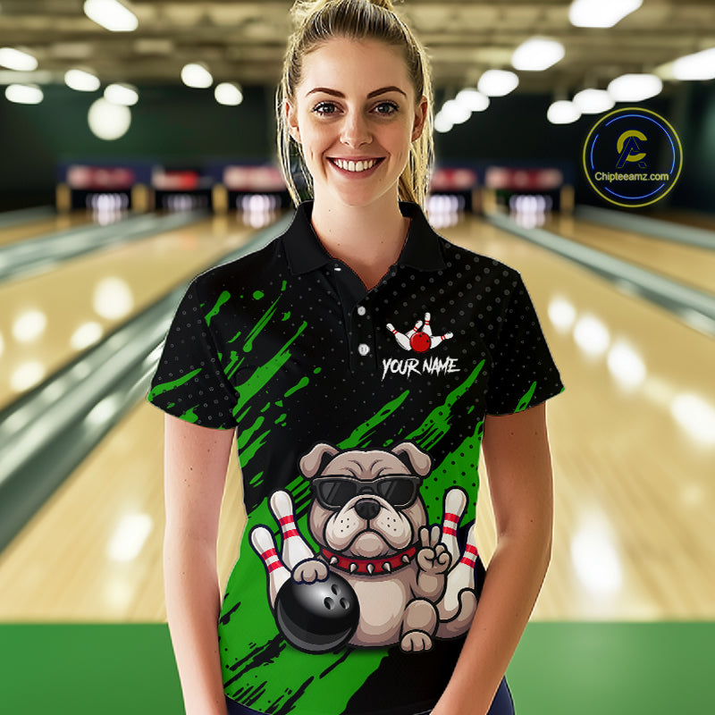 Custom Green Funny Bulldog Bowling Jersey Bowling Uniform Polo & 1/4 Zip Bowling Team Shirts
