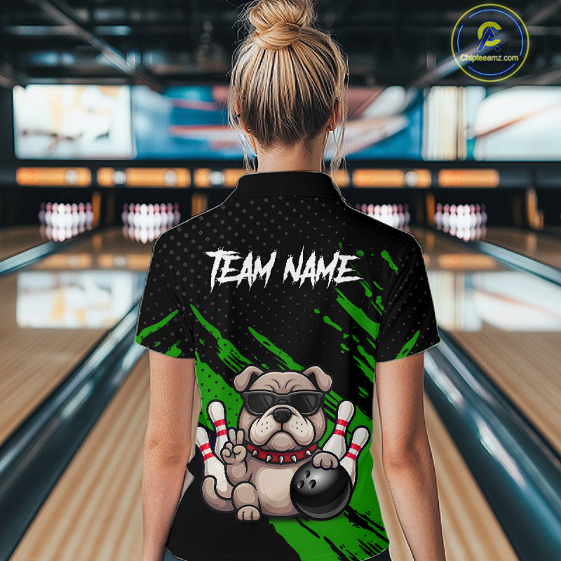 Custom Green Funny Bulldog Bowling Jersey Bowling Uniform Polo & 1/4 Zip Bowling Team Shirts