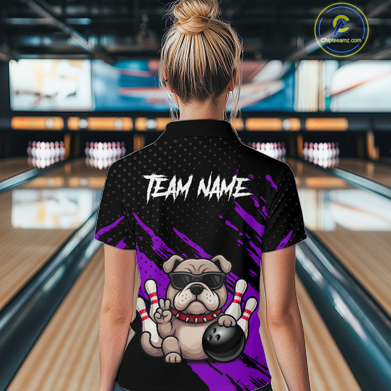 Custom Purple Funny Bulldog Bowling Jersey Bowling Uniform Polo & 1/4 Zip Bowling Team Shirts