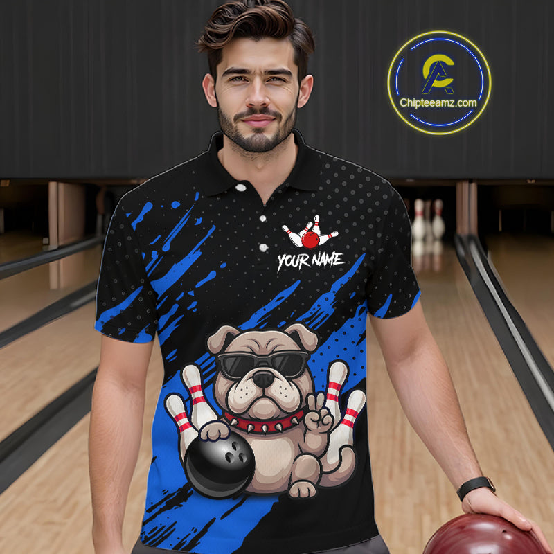 Custom Blue Funny Bulldog Bowling Jersey Bowling Uniform Polo & 1/4 Zip Bowling Team Shirts
