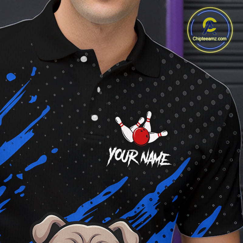 Custom Blue Funny Bulldog Bowling Jersey Bowling Uniform Polo & 1/4 Zip Bowling Team Shirts