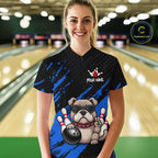 Custom Blue Funny Bulldog Bowling Jersey Bowling Uniform Polo & 1/4 Zip Bowling Team Shirts
