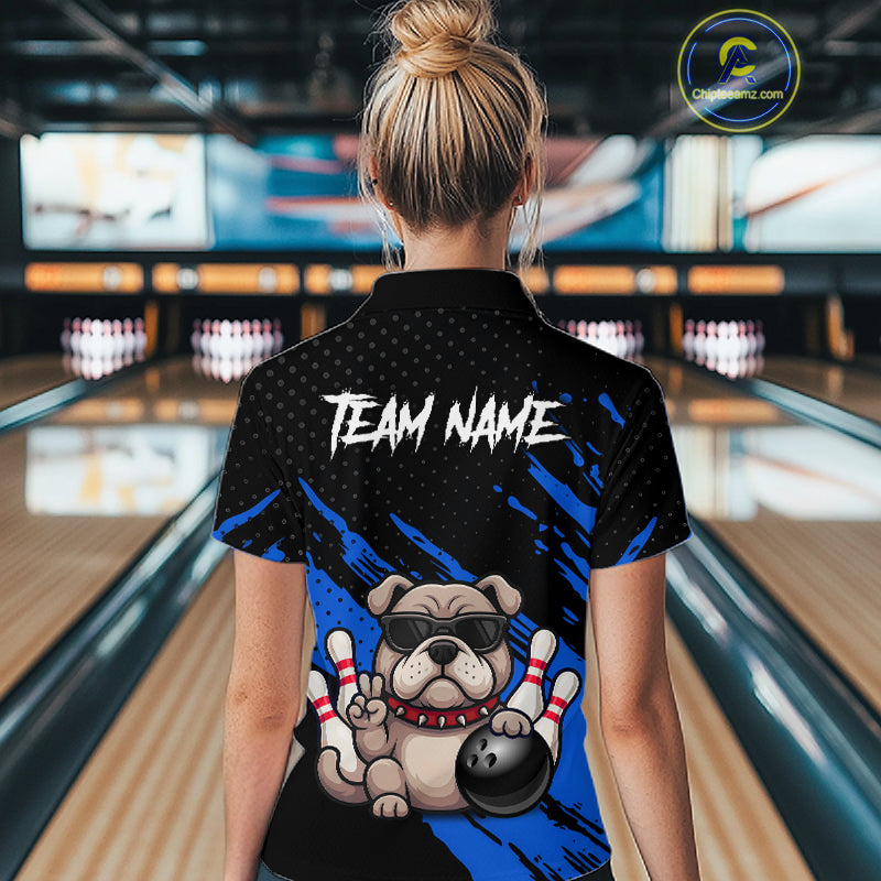 Custom Blue Funny Bulldog Bowling Jersey Bowling Uniform Polo & 1/4 Zip Bowling Team Shirts