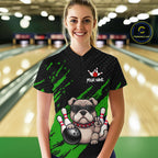 Custom Green Funny Bulldog Bowling Jersey Bowling Uniform Polo & 1/4 Zip Bowling Team Shirts