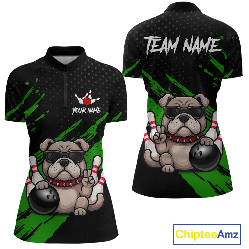 Custom Green Funny Bulldog Bowling Jersey Bowling Uniform Polo & 1/4 Zip Bowling Team Shirts