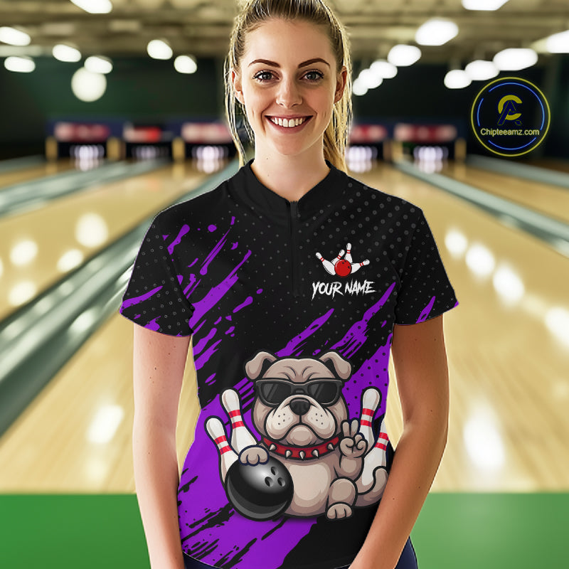 Custom Purple Funny Bulldog Bowling Jersey Bowling Uniform Polo & 1/4 Zip Bowling Team Shirts