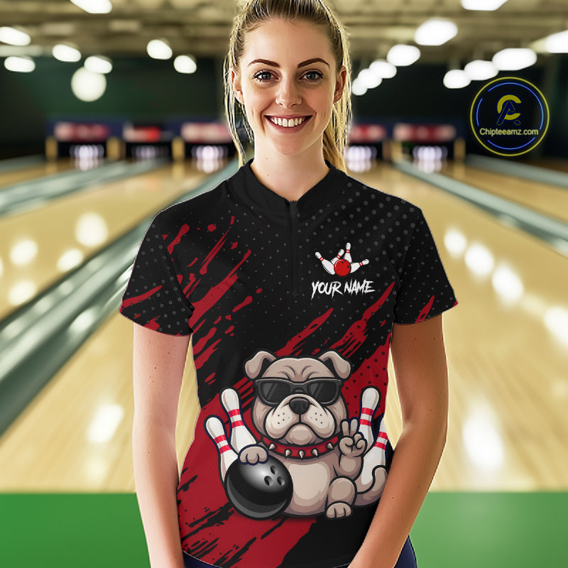 Custom Red Funny Bulldog Bowling Jersey Bowling Uniform Polo & 1/4 Zip Bowling Team Shirts