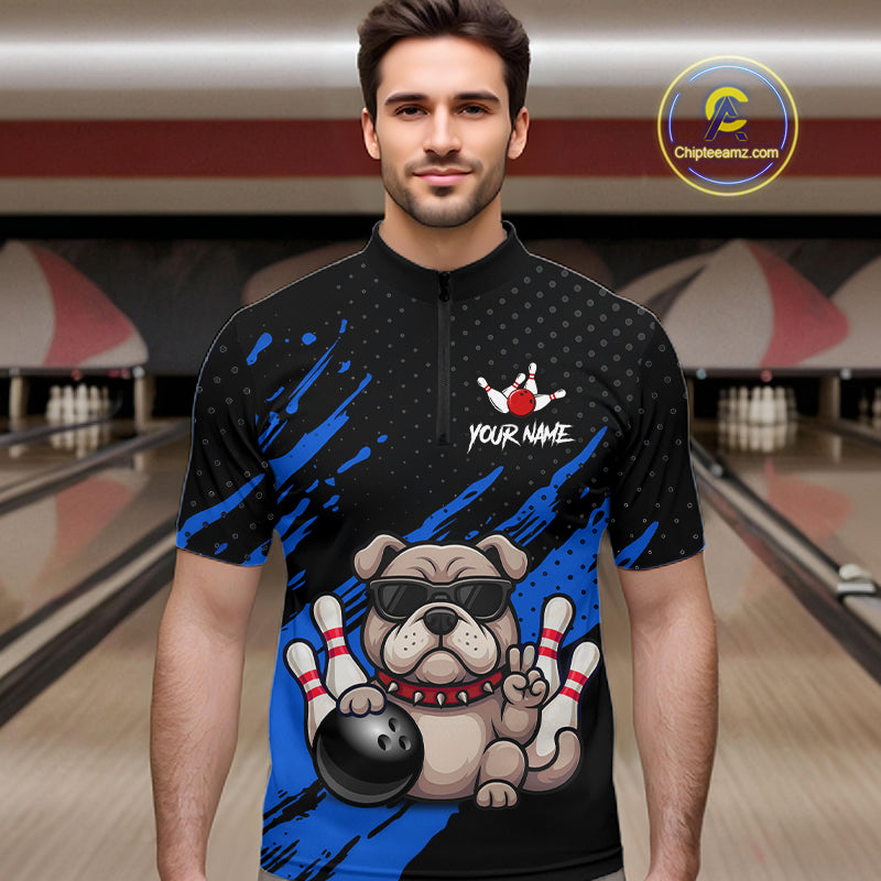 Custom Blue Funny Bulldog Bowling Jersey Bowling Uniform Polo & 1/4 Zip Bowling Team Shirts
