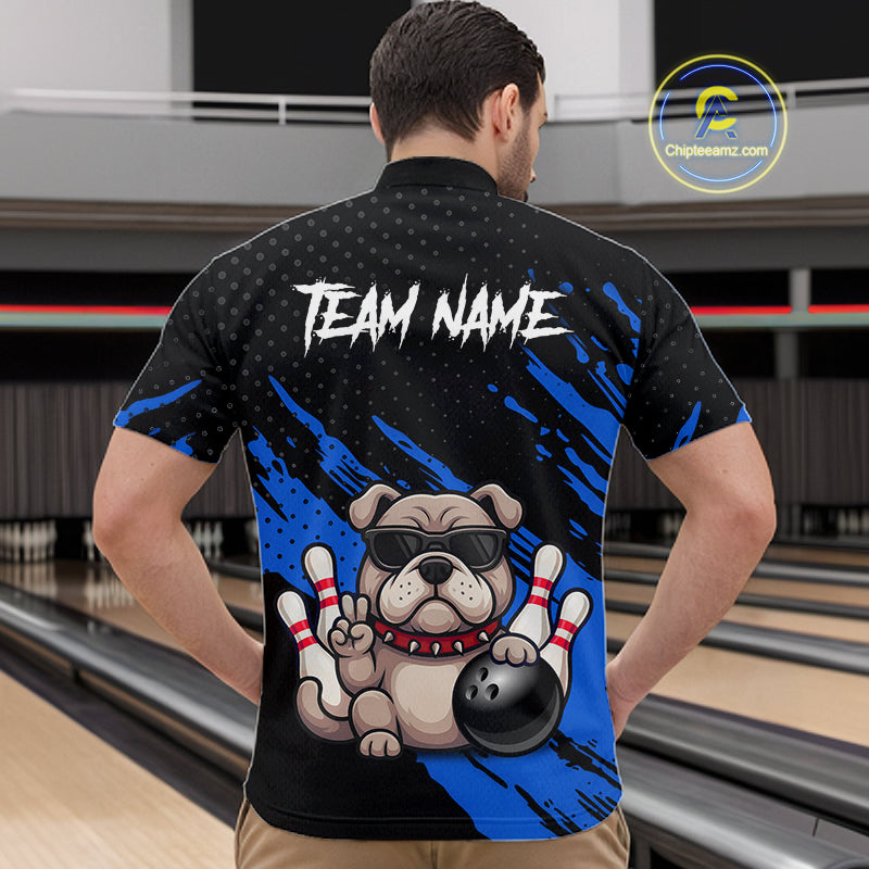 Custom Blue Funny Bulldog Bowling Jersey Bowling Uniform Polo & 1/4 Zip Bowling Team Shirts