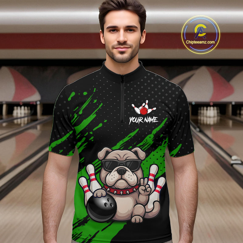 Custom Green Funny Bulldog Bowling Jersey Bowling Uniform Polo & 1/4 Zip Bowling Team Shirts
