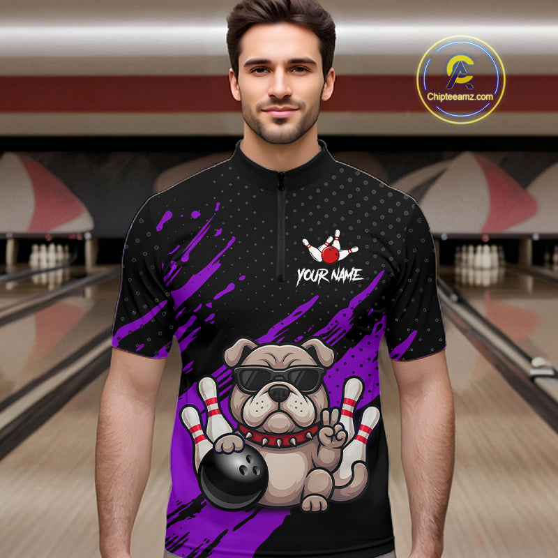Custom Purple Funny Bulldog Bowling Jersey Bowling Uniform Polo & 1/4 Zip Bowling Team Shirts