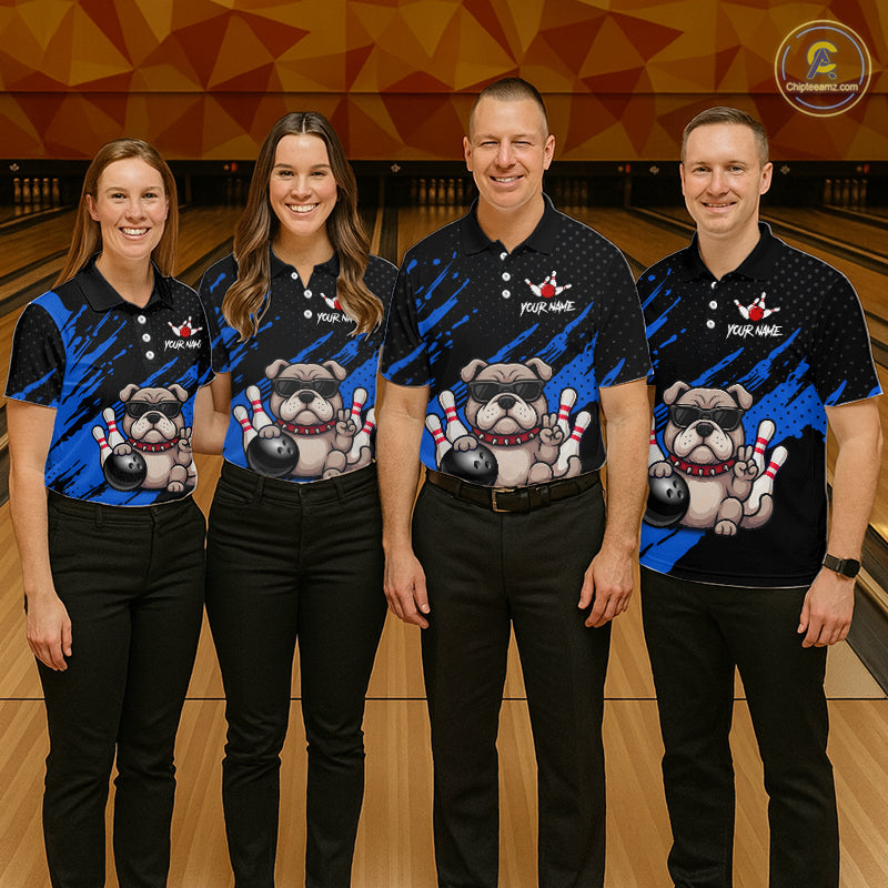 Custom Blue Funny Bulldog Bowling Jersey Bowling Uniform Polo & 1/4 Zip Bowling Team Shirts