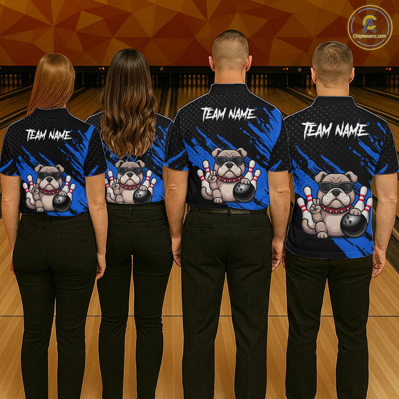Custom Blue Funny Bulldog Bowling Jersey Bowling Uniform Polo & 1/4 Zip Bowling Team Shirts