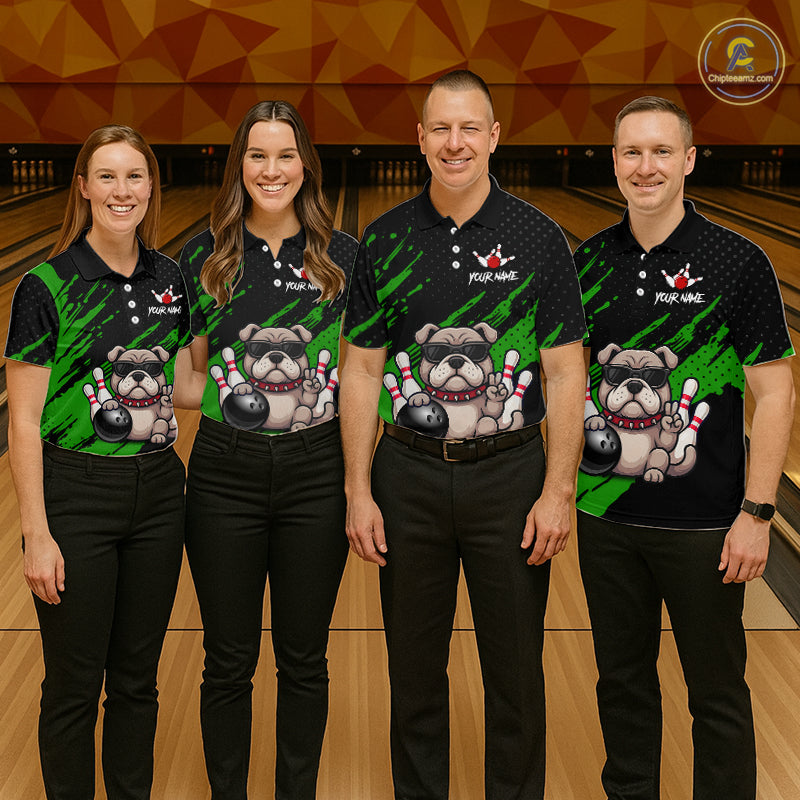 Custom Green Funny Bulldog Bowling Jersey Bowling Uniform Polo & 1/4 Zip Bowling Team Shirts