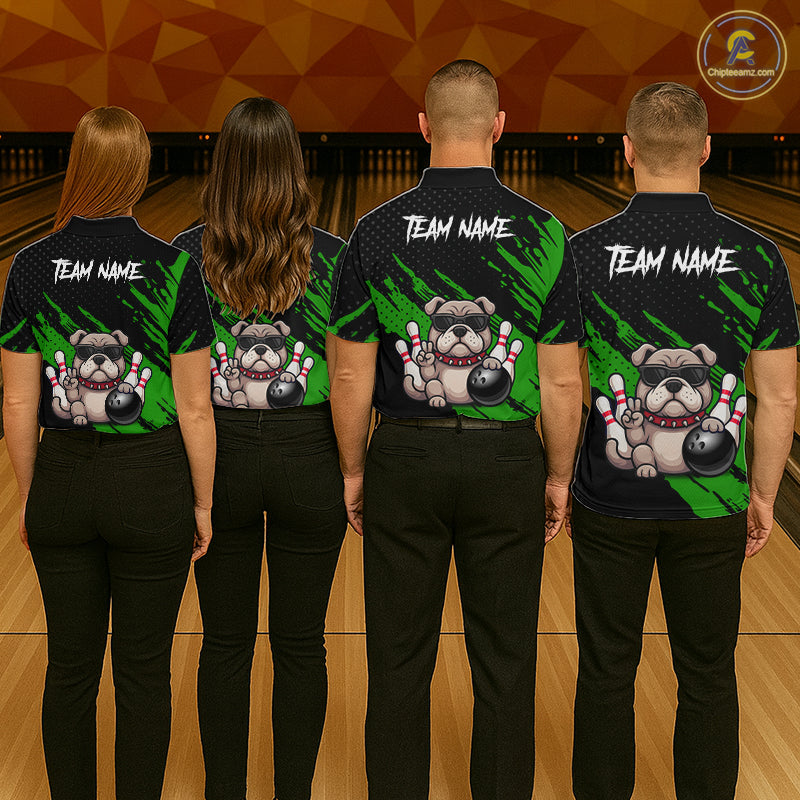 Custom Green Funny Bulldog Bowling Jersey Bowling Uniform Polo & 1/4 Zip Bowling Team Shirts
