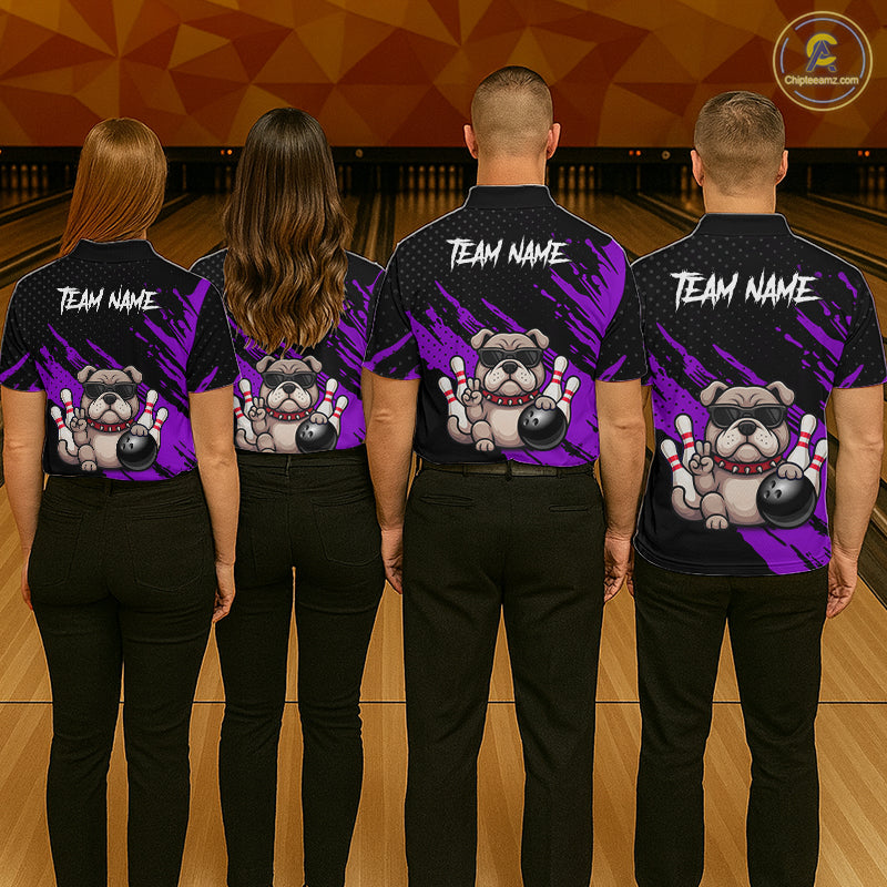 Custom Purple Funny Bulldog Bowling Jersey Bowling Uniform Polo & 1/4 Zip Bowling Team Shirts