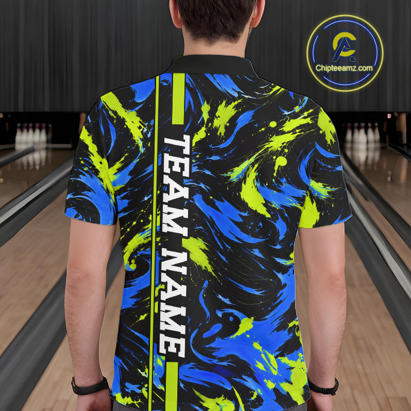 Custom Blue Green Camo Abstract Splash Bowling Shirts Bowling Team Jersey for Bowler