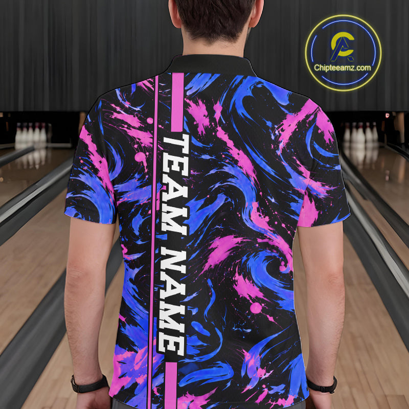 Custom Blue Pink Camo Abstract Splash Bowling Shirts Bowling Team Jersey for Bowler
