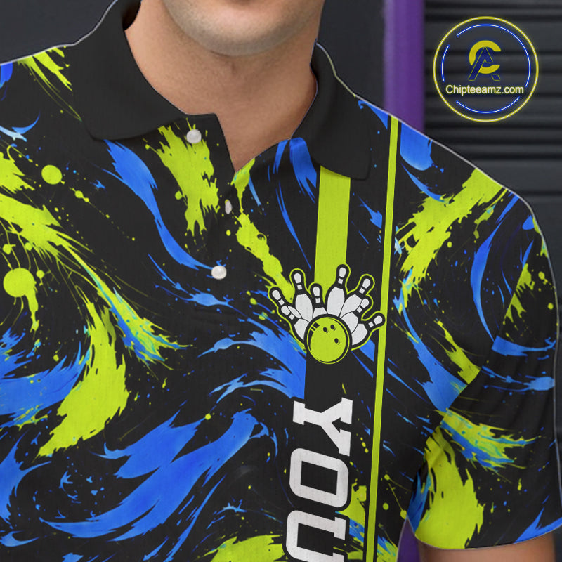 Custom Blue Green Camo Abstract Splash Bowling Shirts Bowling Team Jersey for Bowler