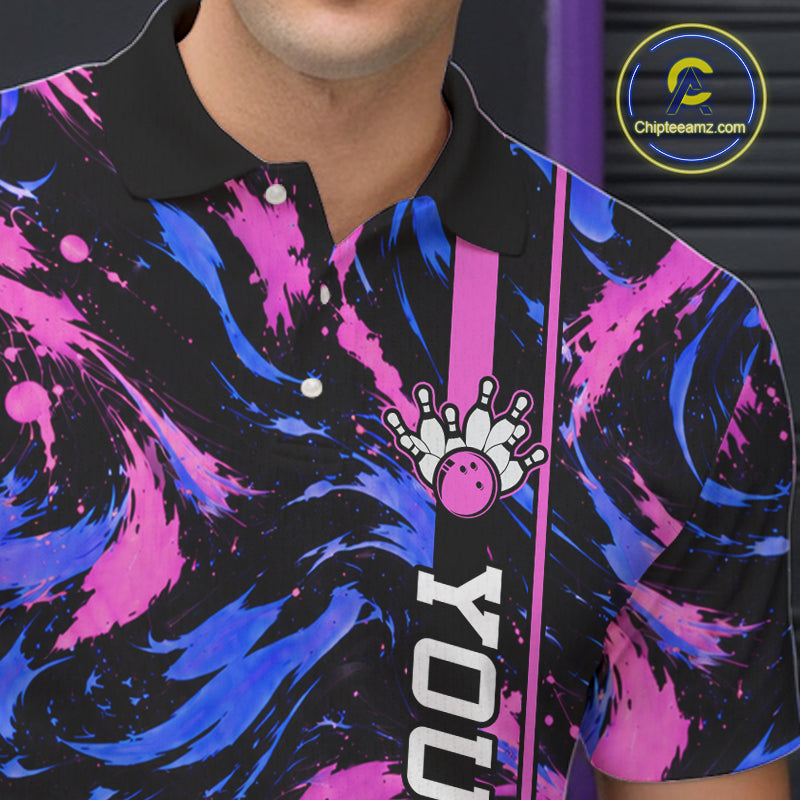 Custom Blue Pink Camo Abstract Splash Bowling Shirts Bowling Team Jersey for Bowler