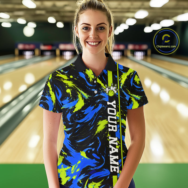 Custom Blue Green Camo Abstract Splash Bowling Shirts Bowling Team Jersey for Bowler