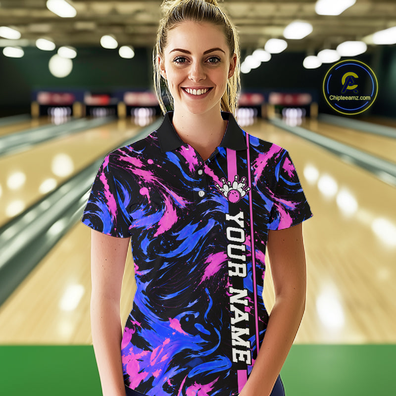 Custom Blue Pink Camo Abstract Splash Bowling Shirts Bowling Team Jersey for Bowler